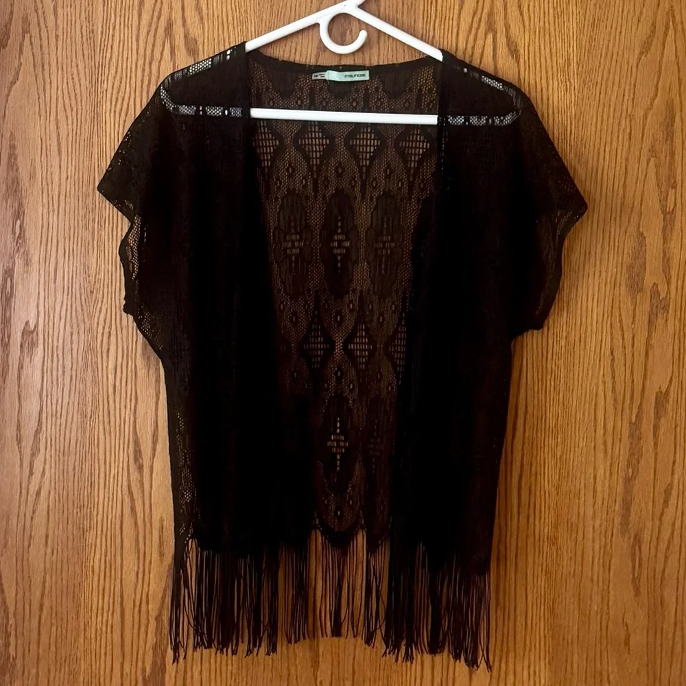 Black Lace Kimono Fringe Hem Boho Festival Cover Up S/M